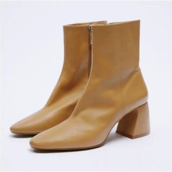 Zara Camel Leather Chunk Heel Ankle Booties | Size 10 - Picture 1 of 14